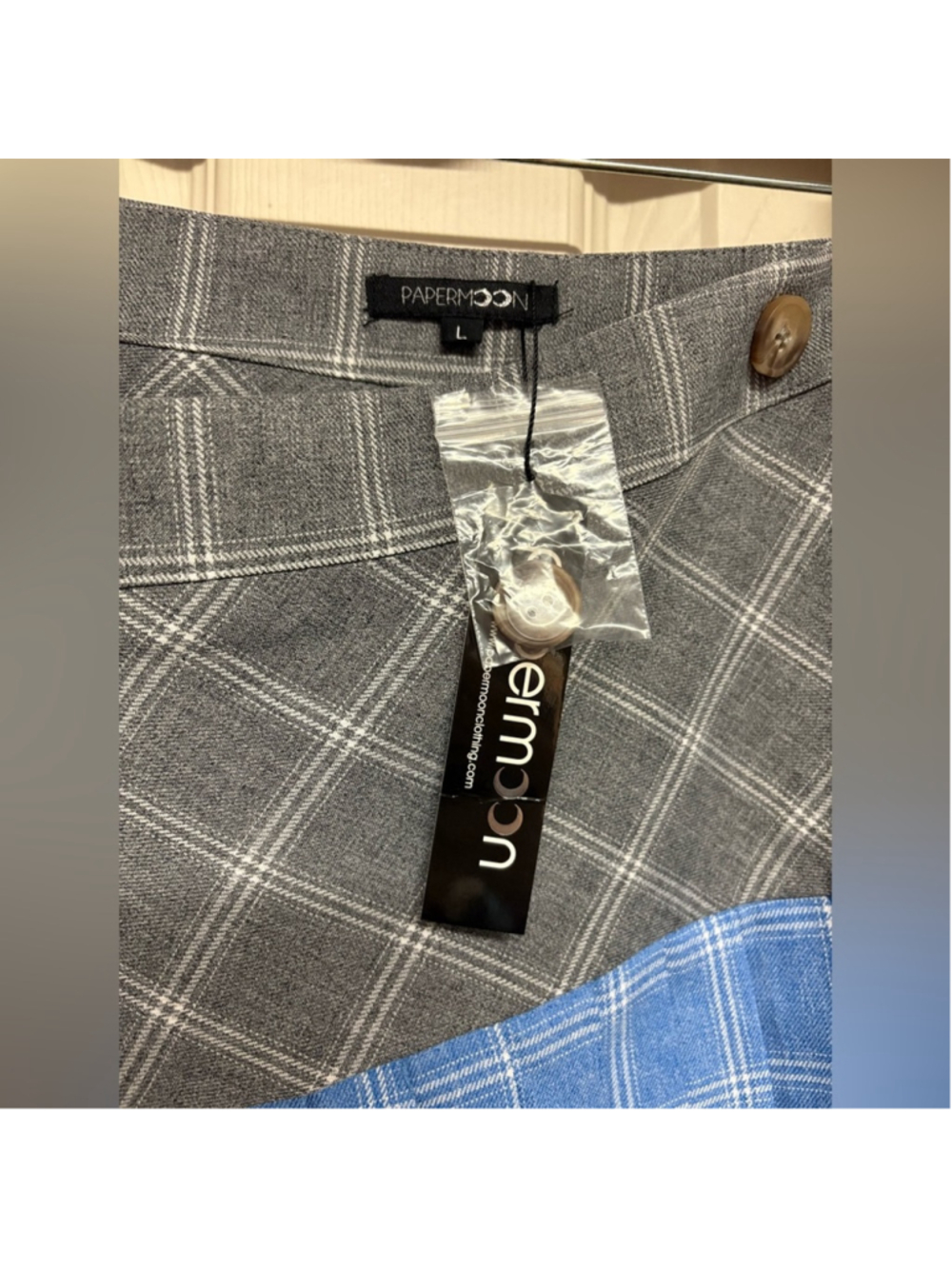 Papermoon women size L Large plaid pleated wrap skirt grey gray blue NEW NWT - Picture 3 of 11